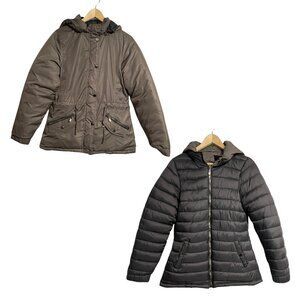 Snobbish Puffer Jacket Womens Size L Brown Black Reversible Hooded Zip Pockets